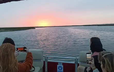 Visita guiada de catamarã na Ria Formosa e Ilhas Faro saindo de Faro ao pôr do sol